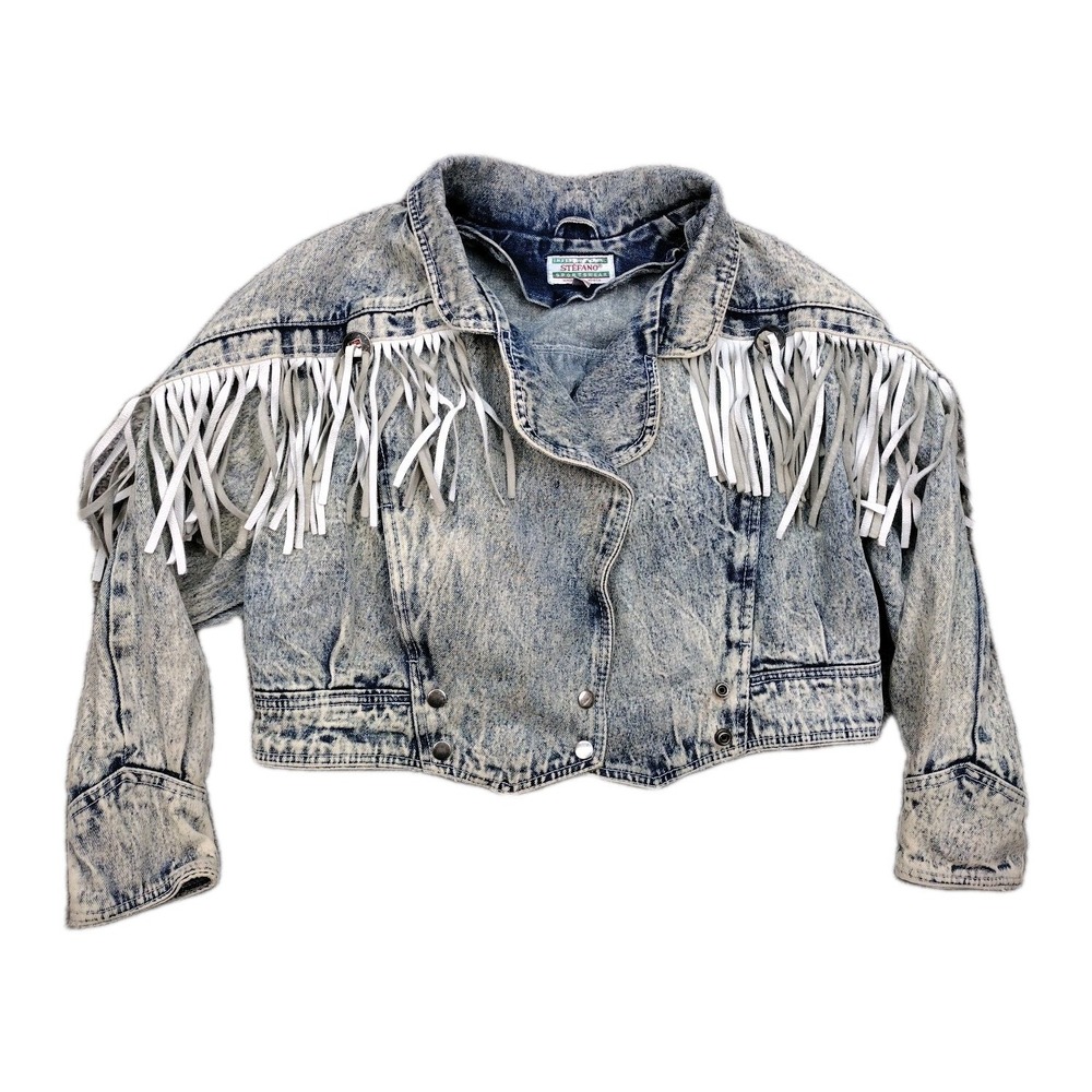 Vintage 80s Stefano Women's SZ 14 Acid Washed Crop Denim Jacket Leather Fringe